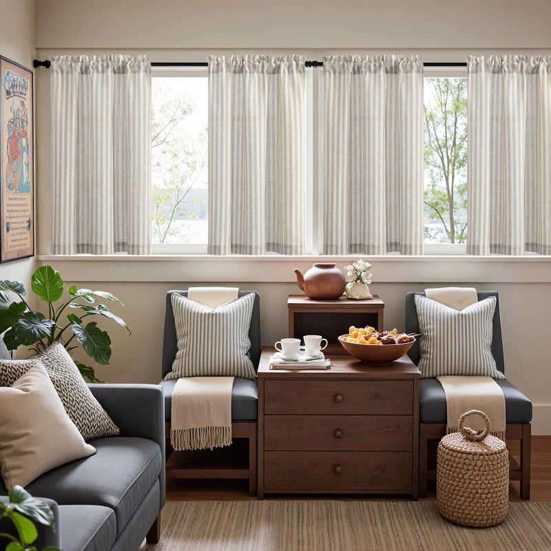 jinchan Striped Linen Kitchen Curtains 36 Inches Tier Curtains Farmhouse Modern Cafe Style Small Window Treatments Airy Light Filtering Rod Pocket for Living Room Bathroom 2 Panels Taupe Grey - Image 3
